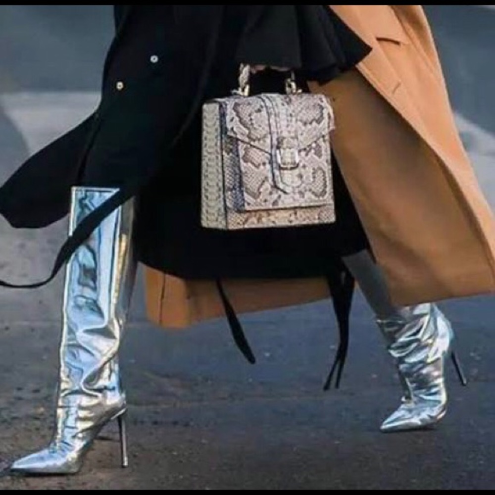 Silver stiletto knee high metallic boots